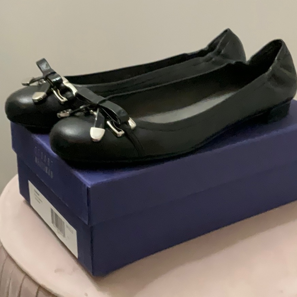Stuart Weitzman Black Leather Ballet Flats with Silver Hardware